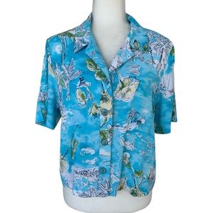 Vintage Sea Suns Blue Tropical Print Blouse